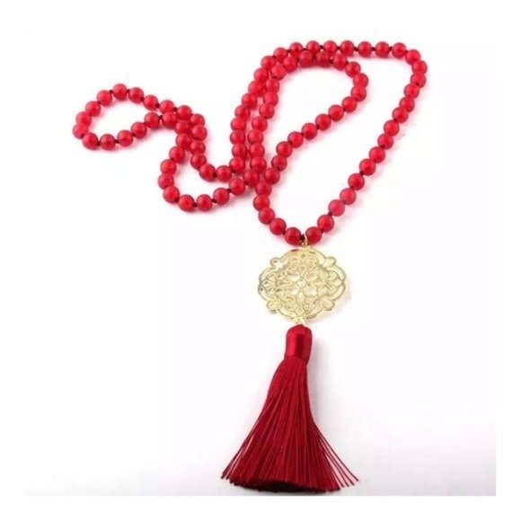 Mala Meditation Beads yoga bohemian necklace red gold boho gypsy natural - Picture 3 of 3